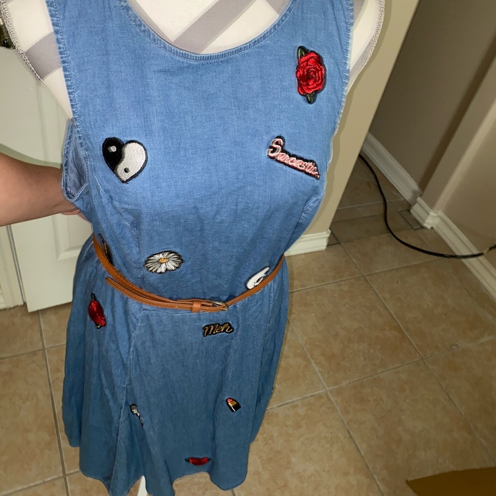 90s inspired patch Chambray skater dress